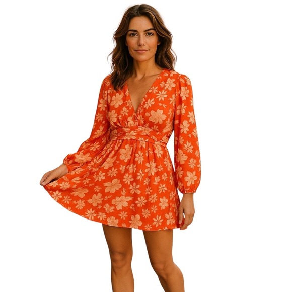 Lulus Dresses & Skirts - Lulus Small Burnt Orange Floral Mini Dress Long Sleeve Deep V Boho Flowery Beads